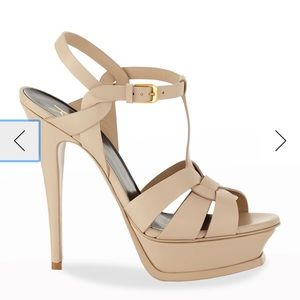 Saint Laurent Tribute Platform Sandal Pumps in Beige.